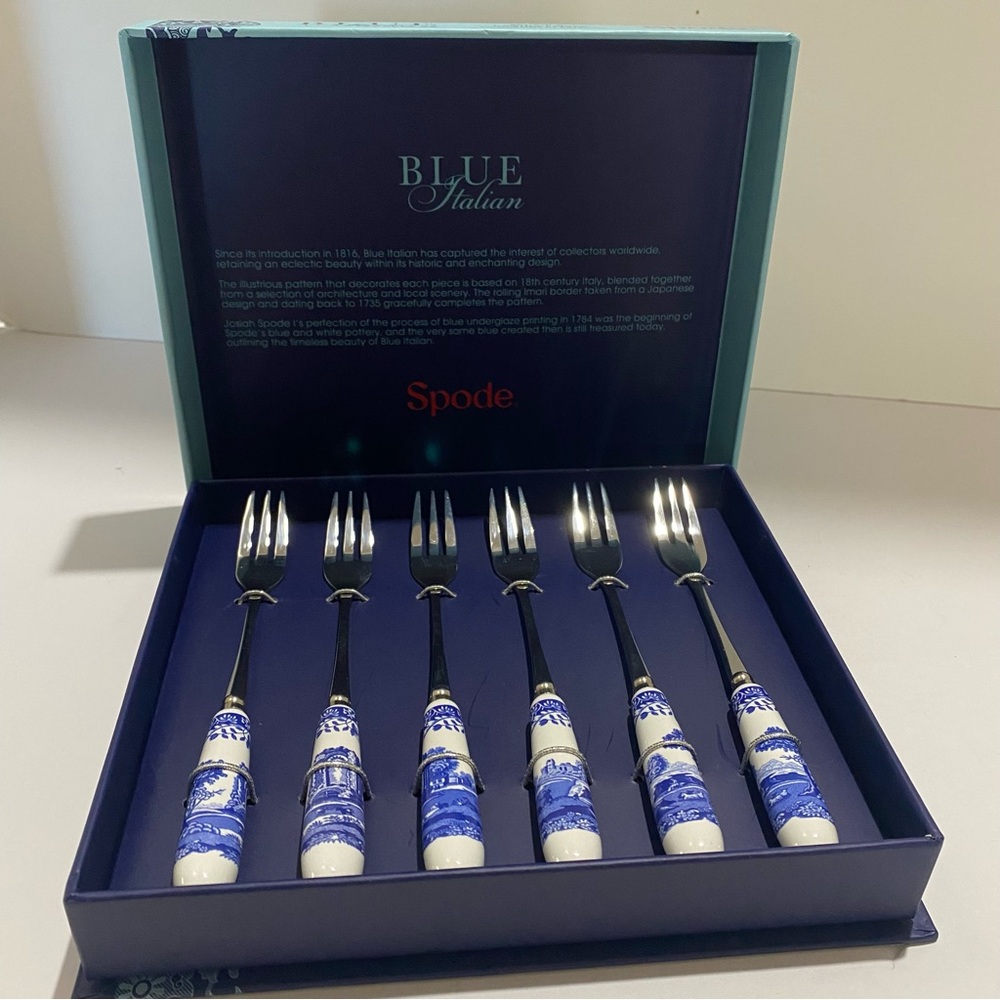 Spode Blue Italian Pastry Forks Set of 6 Boxed Porcelain Handle Stainless Steel